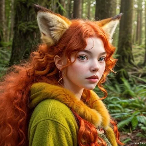 Prompt: Portrait of forest fairy, hairy body of a fox with exuberant bright curly  red fur, with the face of yong, Anya Taylor-Joy bright orange curly lush hair, orange fox ears, all body is covered with bright orange fur, big fox tail behind, Against the background of beautiful spring  forest, , hyperrealism, detailed, realistic face, artstation, The whole body is overgrown with red fox fur, all body covered with orange fur., long shot, beautiful landscape, realistic and natural, detailed full-color, nature, hd photography,  perfect composition, 