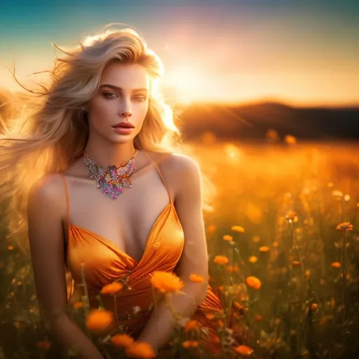 Prompt: HD 4k 3D 8k professional modeling photo hyper realistic beautiful woman ethereal greek goddess of the dawn
blonde hair light brown eyes gorgeous face fair skin shimmering yellow orange pink dress with gems jewelry and tiara full body surrounded by magical glowing light hd landscape background laying down in field sunrise with vibrant wildflowers and birds