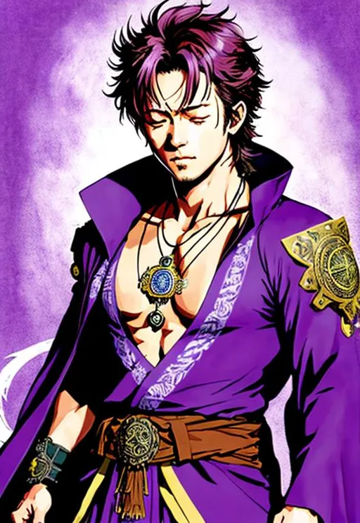 Prompt: (((Yoji Shinkawa))), sticker of ultra detailed portrait of Luke Perry with eyes closed, wearing a large medallion, in purple mage robe. high quality cell shaded illustration in fantasy apocalyptic style by Yoji Shinkawa, ((full body)), dynamic pose, perfect anatomy, castle setting, magician, eyes closed, centered, freedom, soul, purple short hair, eyes shut, approach to perfection, cell shading, 4k , cinematic dramatic atmosphere, watercolor painting, global illumination, detailed and intricate environment, artstation, concept art, fluid and sharp focus, volumetric lighting, cinematic lighting, Art by Yoji Shinkawa,