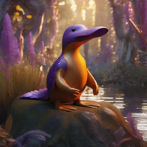 Prompt: Enchanted orange, purple and light brown three-tone platypus with tan duck bill sitting in the Fairyland Forest, Sitting upright on hind legs, Perched like a bird, with arms in a comfortable position, Furry, close-up, textured, Faded, surrealism, golden hour sun lighting, Hyperrealistic textures, intricate details, architectural visualization, Corona render, 8k