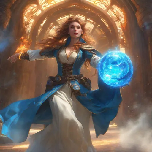 Prompt: A crazed cleric casting a huge blue fireball, arcane explosion, magic ripples, energy, steampunk,  Stanley Lau, Artgerm, Magali Villeneuve, Alphonse Mucha, artstation, octane render, cgsociety, HDR, UHD, 64k, best quality