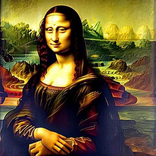 Prompt: The Mona Lisa exhibits a striking similarity to numerous Renaissance portrayals of the Virgin Mary, who was widely regarded as a paragon of femininity during that old era.  Positioned prominently in an "armchair pozzetto," the woman maintains an upright posture with her arms crossed, signaling a reserved demeanor. Her gaze remains fixed upon the viewer.