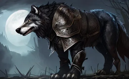 Prompt: wolf in a barding of leather armor