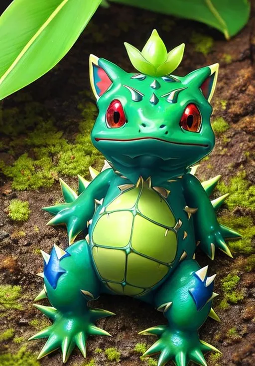 Prompt: UHD, , 8k,  oil painting, hyper realism, Very detailed, zoomed out view of character, HD, High Quality, 5K, Anime, Pokemon, Bulbasaur, blue-green quadrupedal amphibian, green plant bulb on back,  blue skin with darker patches, It has red eyes with white pupils, pointed, ear-like structures on top of its head, and a short, blunt snout with a wide mouth, A pair of small, pointed teeth are visible in the upper jaw when its mouth is open, Each of its thick legs ends with three sharp claws, On Bulbasaur's back is a bright green circular plant bulb that conceals two slender, tentacle-like vines, which is grown from a seed planted there at birth, The bulb also provides it with energy through photosynthesis as well as from the nutrient-rich seeds contained within, forest, Pokémon by Frank Frazetta