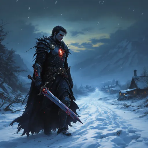 Prompt: Human male, gray color skin, 33 years old, dark hair, dressed in damaged Paladin armor, large stab hole in chest, holding a magical two handed sword in one hand while his other hand is holding  a Eldridge Blast dark energy.  Light red eyes. Half light and dark aura around him.  He is walking towards a small snowy town on the road in the night time. Fantasy.  Perpetual darkness in the sky.  
Detailed, realistic, natural lighting. Icewind Dale.  Paladin/Warlock character.  Dungeons and Dragons. Damaged armor.  Hole in chest piece by his heart. Sword glowing dark energy. Hand glowing dark.
