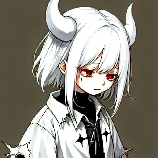 Prompt: Zaley 1female (white hair) {white demon horns} child, 10 years old, wearing torn clothes, sad