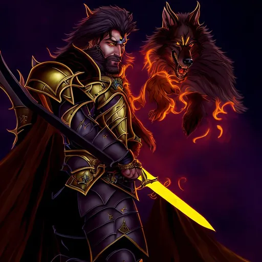 Prompt: Nikolas Dorn a male dark brown furred Dungeons and Dragons Werewolf in half-wolf form Cleric Of Light in full European plate armor Golden Yellow Flame Holding The Sun Blade longsword with a large golden yellow blade in his right hand high res photograph