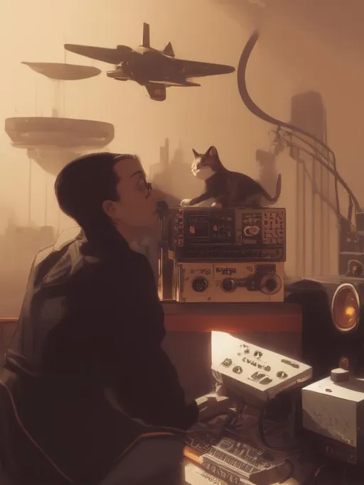 Prompt: Cat plays a modular synth, populuxe, mid century modern, raygun gothic, jet age, space age, retro-futurism, poster, america, 8k, atompunk, Levittown , psycho lfo