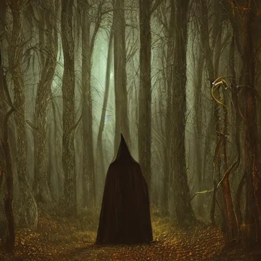 Prompt: Quality, detailed, masterpiece, luminous, dark forest, demonic, hooded figure