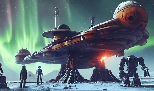Prompt: huge old rusty spaceship getting repaired  by robots ice planet sparks fire welding people working aurora many colours   guard drinking milk enhance detail turret on spaceship real soldier thin landing gears symmetrical ship laser warzone dead body's on ground ships exploding in sky 