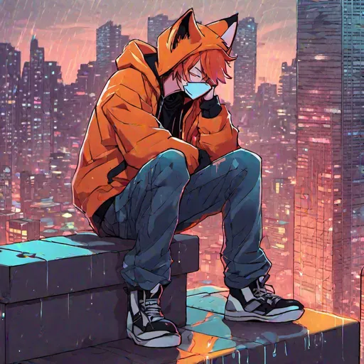 Prompt: An anime style ginger Kitsune man who has Kitsune ears and a tail, wearing a hoodie with the hood down and jeans, sitting in the rain on a ledge on top of a building in a neon city