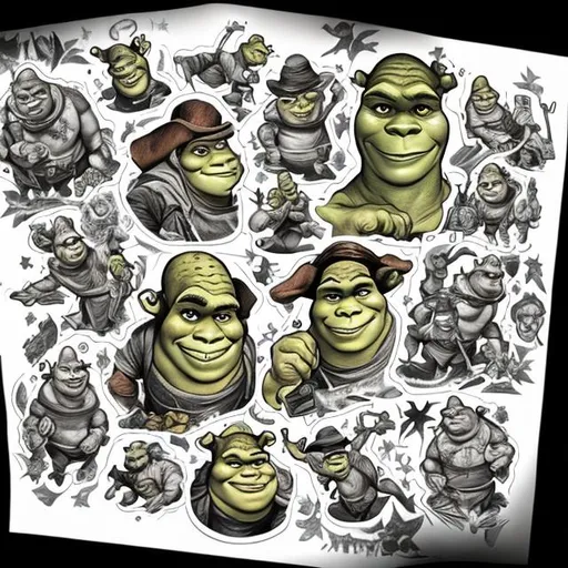 Prompt: Shrek tattoo American traditional flash sheet