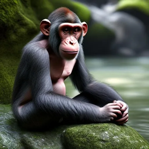 Prompt: Sad monkey sat on a rock between a river and the forest hipper realistic, digital art 