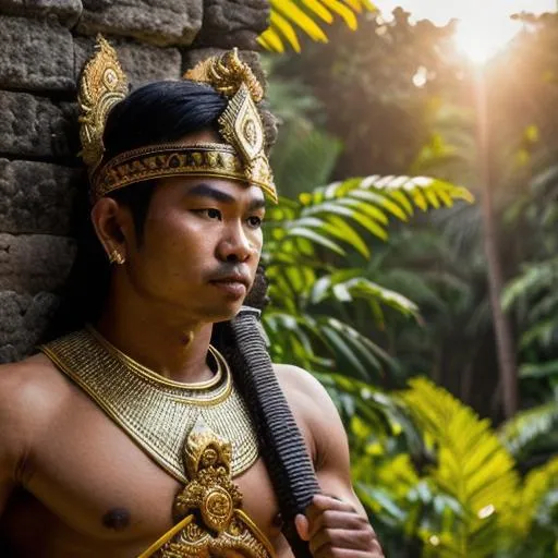 Prompt: HD photograph of khmer warrior holding a sword, 800 years ago, ultra realistic, close up, background jungle, UHD, 8k, Cannon, Soft Lighting, sunset 4pm