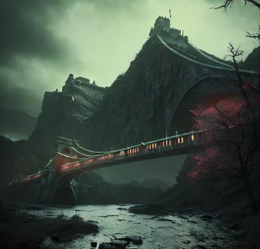 Prompt: death,landscape,scream,dark,black,fantasy,river with mountain,lost,forest,castle,bridge