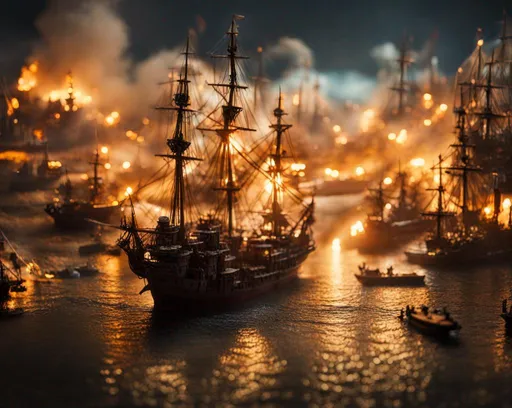 Prompt: Tilt-shift macro miniature photography, harbor filled with many pirate schooners battling, tiny action scene with mini explosions and smoke, cinematic lighting