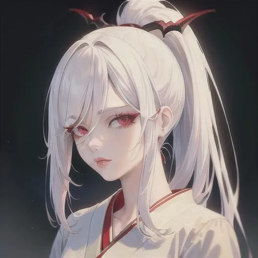 Prompt: (masterpiece, illustration, best quality:1.2), ponytail, white hair, devilish red eyes, Japanese style nightgown, best quality face, best quality, best quality skin, best quality eyes, best quality lips, ultra-detailed eyes, ultra-detailed hair, ultra-detailed, illustration, colorful, soft glow, 1 girl