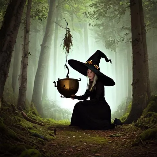 Prompt: Witch with cauldron in the middle of forest