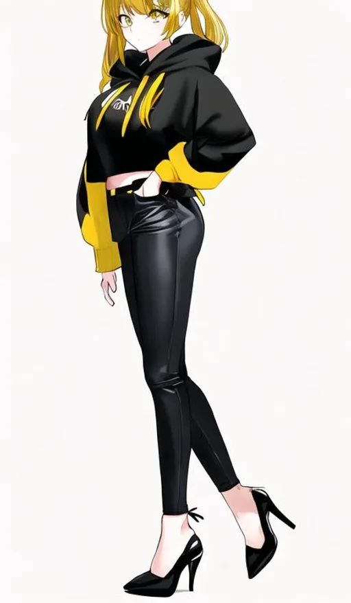 Prompt: Portrait of a cute girl wearing a black and yellow hoodie, high heels, and white pants 