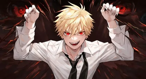 Prompt: Male, blond, short hair ,red eyes, sharp teeth, white shirt and black tie and
,girl, blond, long hair, orange eyes , sharp teeth , white shirt and black tie ,