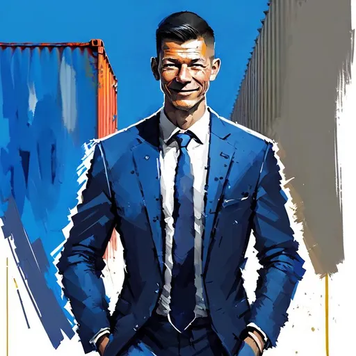 Prompt: An illustration of Dennis, the ADR8 USA representative, standing confidently in front of a line of high cube shipping containers. He is wearing a navy suit and has a friendly smile on his face. The containers should be rendered in a stylized cartoonish style with bold colors, emphasizing their modern design and quality. 