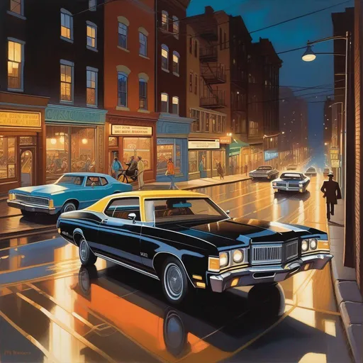 Prompt: 1970s, Pittsburgh at night, car chase, warm atmosphere, cartoony style, extremely detailed painting by Greg Rutkowski and by Henry Justice Ford and by Steve Henderson