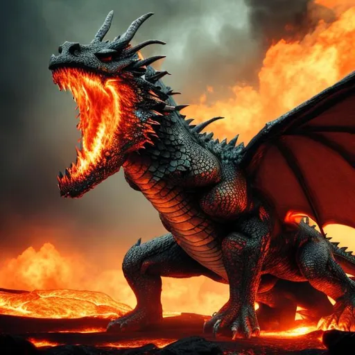 Prompt: a realistic image of a raging dragon flying through breathing fire on the land as the land burns with lava