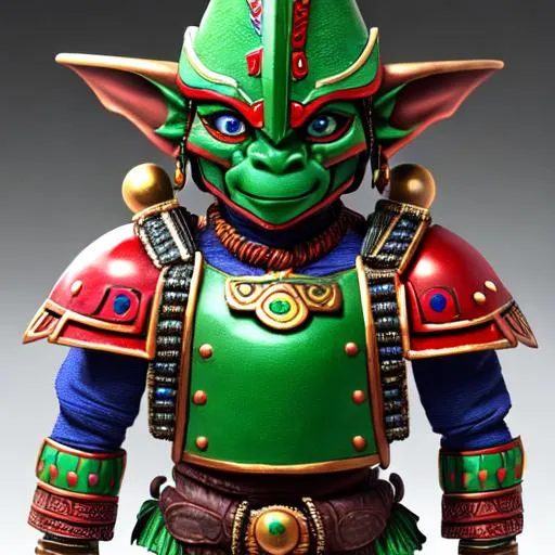 Prompt: A humanoid Goblin wearing ancient blue and green and red Aztec/Mayan armor.