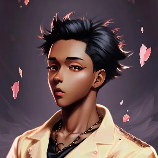 Prompt: anime character, background digital painting, digital illustration, extreme detail, digital art, ultra hd, vintage photography, beautiful, aesthetic, style, hd photography, hyperrealism, extreme long shot, telephoto lens, motion blur, wide angle lens, sweet blissful black boy, amazing quality, beautiful