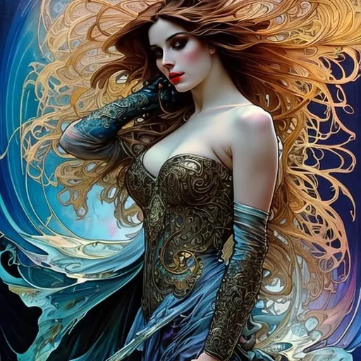 Prompt: Attractive woman, Alphonse Mucha, Luis Royo, Joyce ballantyne, rainbow hair,  graffiti art, splash art, street art, spray paint, oil gouache melting, acrylic, high contrast, colorful polychromatic, ultra detailed, ultra quality, CGSociety, depth of field