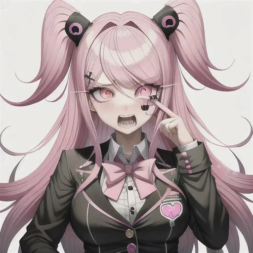 Prompt:  Danganronpa mastermind girl that looks cute, and is psychotic and mean and insane, long pink hair, with gyaru like clothing on