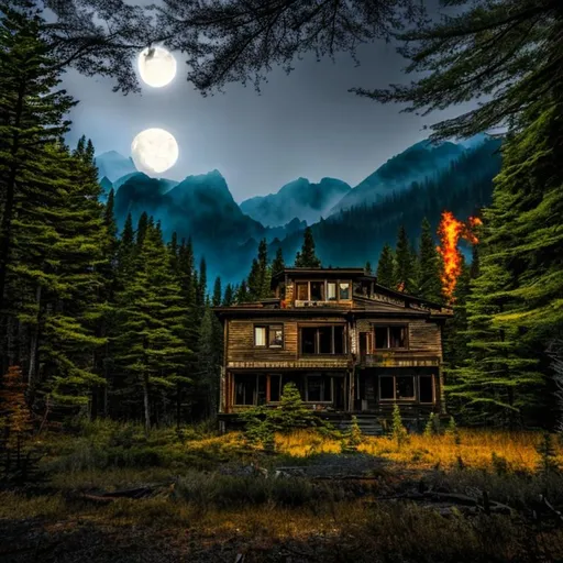 Prompt: abounded house, night ,  moon, mountain , dark forest , torch, fire 