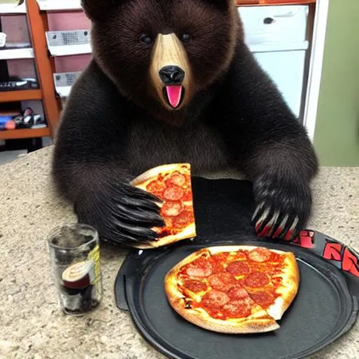 Prompt: Angry gamer bear eating pizza