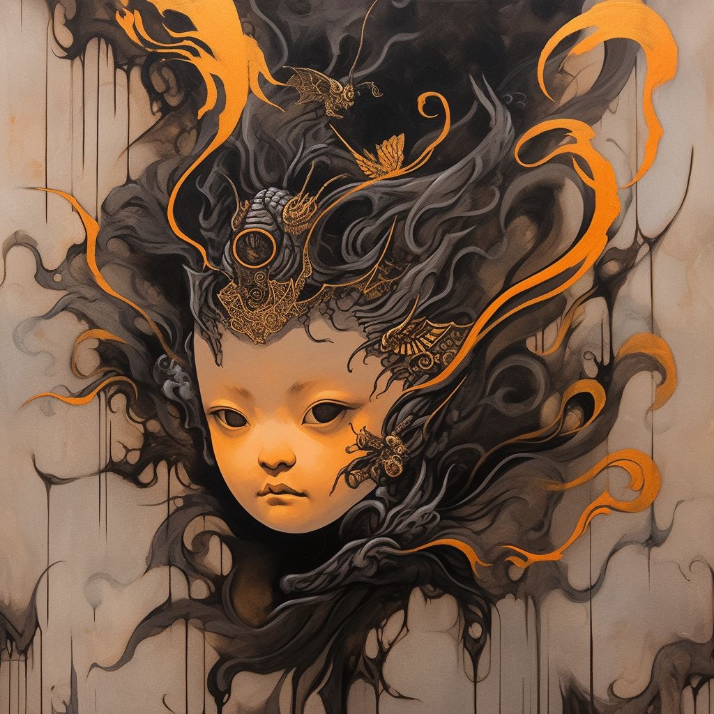 Prompt: A lady's countenance on a charcoal background, fashioned in the manner of vividly tinted street art-like, necronomicon depictions, deep mustard and soft lavender, wildstyle, khmer artwork, extraordinary bizarre, and j yang's expression