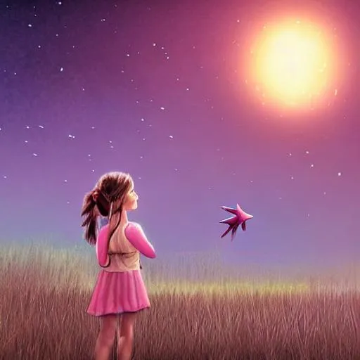 Prompt: Fantasy. Cinematic lighting. Cinematic quality. A cute little girl with long light brown hair, bangs , in ponytail wearing pink sweater. Large brown eyes. Long eye lashes. Clear skin. She is standing in a field at night, fireworks in sky. She is holding a toy dinosaur looking up at the sky. Digital painting. 