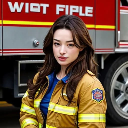 Prompt: Crystal Reed as super hot firefighter open unbuttoned