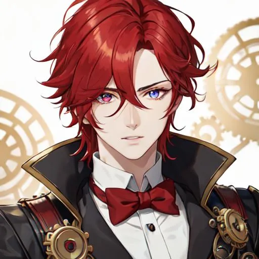 Prompt: Zerif 1male (Red side-swept hair covering his right eye) steampunk, UHD, 8K, highly detailed