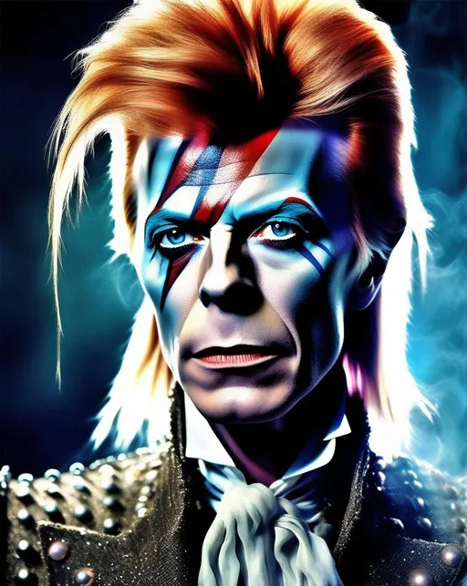 Prompt: A glamorous digital portrait of David Bowie as the mesmerizing Goblin King from the classic 1986 fantasy film Labyrinth. Dramatic lighting and smoke effects emphasize his eccentric look. (((Piercing eyes))) stand out against the dark background. Colorful, imaginative style pays homage to the iconic character.