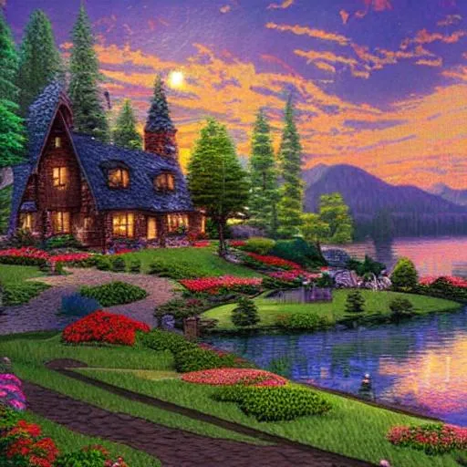 Prompt: A house on the lake in the mountains, in the style of Thomas kinkade