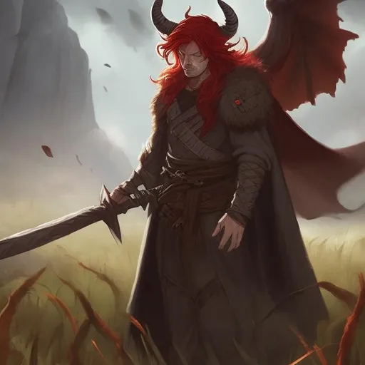 Prompt: dnd art, close up, sad man, red hair and small horns, robes, in a field