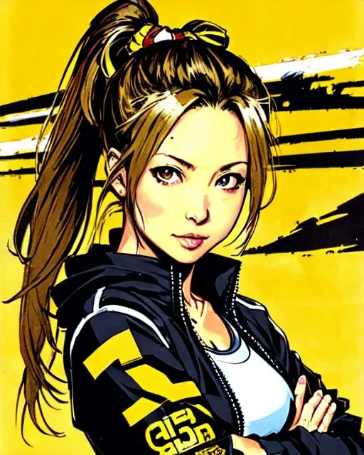 Prompt: poster art (((Yoji Shinkawa))), sticker of ultra high detailed portrait of Phoebe Buffay, yellow and black track suit, full body, high quality cell shaded illustration in post apocalyptic style by Yoji Shinkawa, ((full body)), dynamic pose, perfect anatomy, centered, freedom, soul, approach to perfection, cell shading, 64k , cinematic dramatic atmosphere, watercolor painting, global illumination, detailed and intricate environment, artstation, concept art, fluid and sharp focus, ultra high definition, volumetric lighting, cinematic lighting, Art by Yoji Shinkawa,
