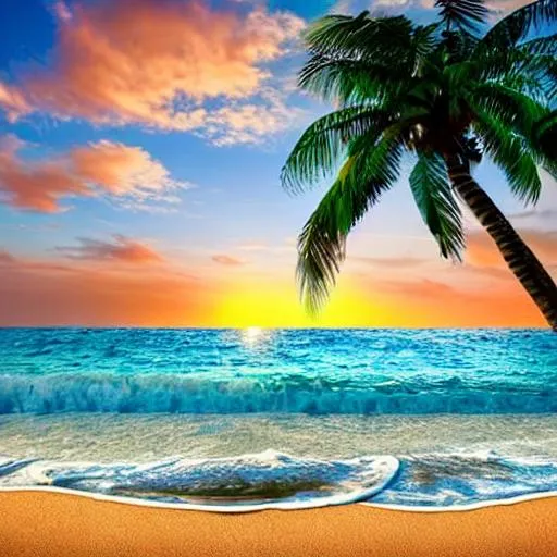 Prompt: beautiful beach, sunset, waves, palm trees, coconut, sea shells 