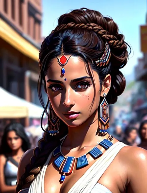 Prompt:  Naomi Scott star wars movie poster, sleeveless, brown hair, brown eyes, in crowded town center, wearing tribal cueitl, ethereal, sad, jewelry set balayage wild hair, royal vibe, highly detailed, highly detailed face, digital painting, Trending on artstation , HD quality, tan skin,artgerm,  by Ilya Kuvshinov 