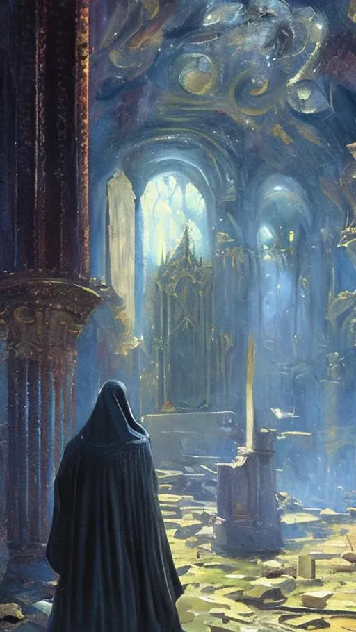 Prompt: oil painting, fantasy, full body illithid character, hd quality, wears a long black robe, lovecraftian horror, standing in a decerped church that is crumbling  