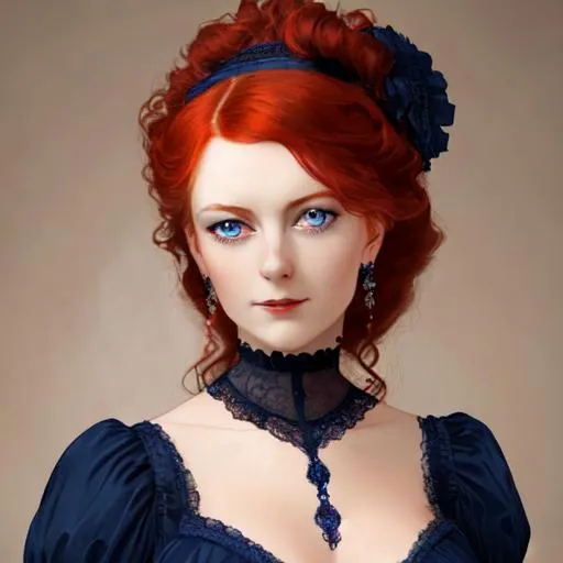 Prompt: beautiful Victorian woman with red hair and dark blue eyes wearing a dark blue gown,facial closeup