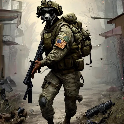 Prompt: ware wolf in us army gear with guns and ammo splash art
