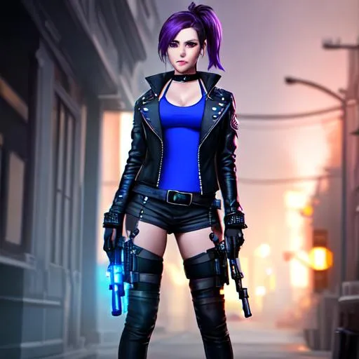 Prompt: 4K, 16K, picture quality, high quality, highly detailed, hyper-realism, skinny female, full body shot front, power stance, resident evil inspired character, same color blue anime eyes, smirking smile, punk jacket, rivet Choker, leather gloves, tank top, gun holster, attachment belt, sneaker, dark purple ponytail hair with blue highlights, neon city lights background