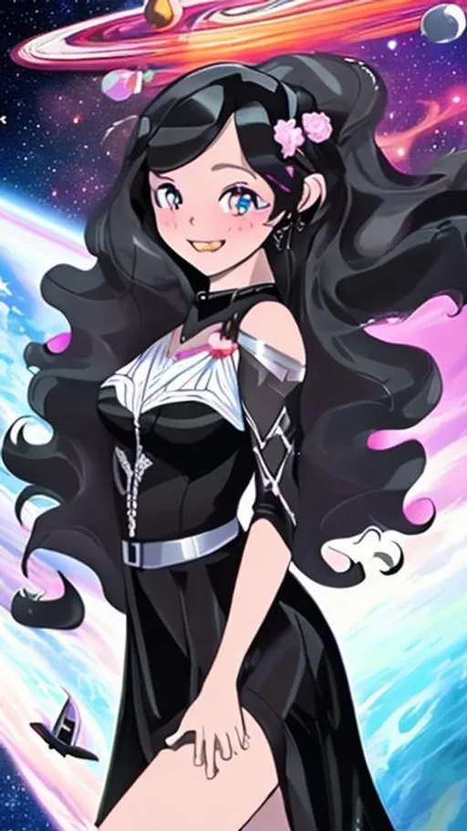 Prompt: a teenage girl in space in a black flowy dress, and her black hair half up