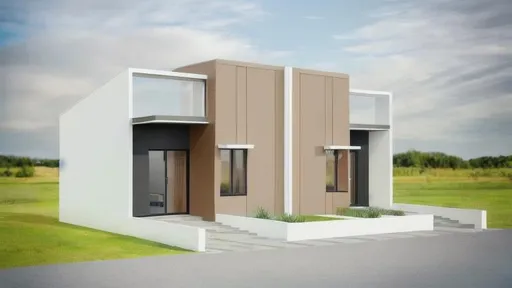 Prompt: Modern Contemporary twin house, mirrored houses, Scandinavian style, 1 storey floors, first floor is a cafe and second floor is the house, chromatic colors, realistic rendering house 