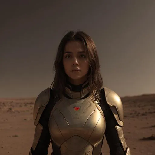 Prompt: Portrait of an emotional moved brown haired spartan woman wearing a futuristic armor listening to moving music on Mars, light cloudcover on Mars, midday on Mars, photorealistic